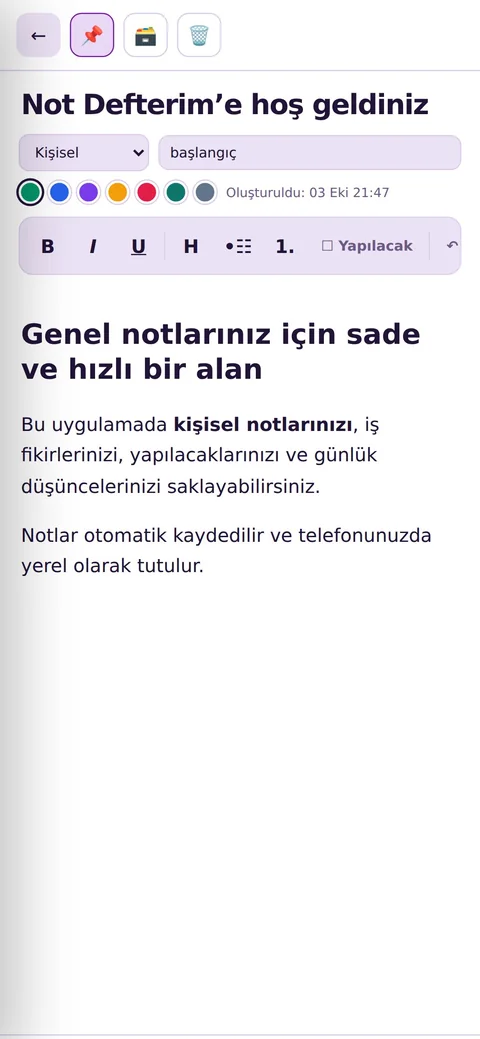 Not Defterim not düzenleme ekranı